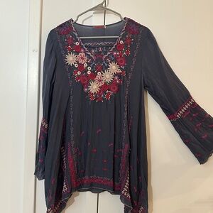 Johnny Was Charcoal Blouse with Pink Floral Embroidery